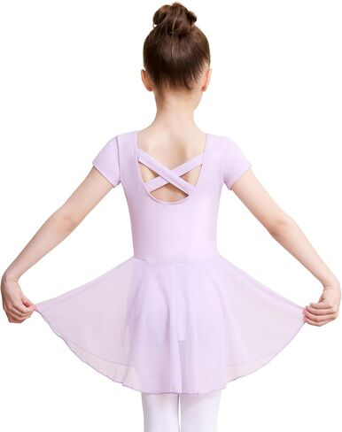 DIPUG Ballet Leotards for Girls with Skirt Toddler Dance Dress Leotard Outfit Short Sleeve Criss-Cross Back in Kuwait