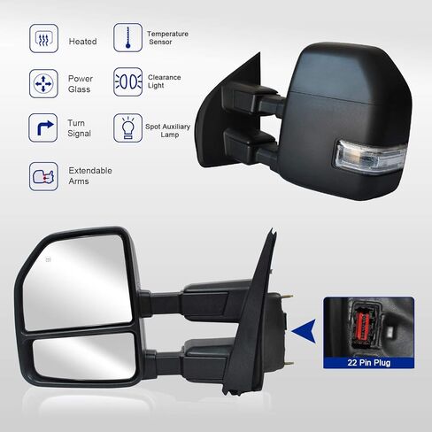 WLLW Passenger Right Side Towing Mirrors for 2017 2018 2019 2020 Ford F250 F350 F450 F550 Super Duty With Power, Heated, Temperature Sensor, Turn Signal Light, Spot Auxiliary Lamp Pickup Truck in Saudi Arabia