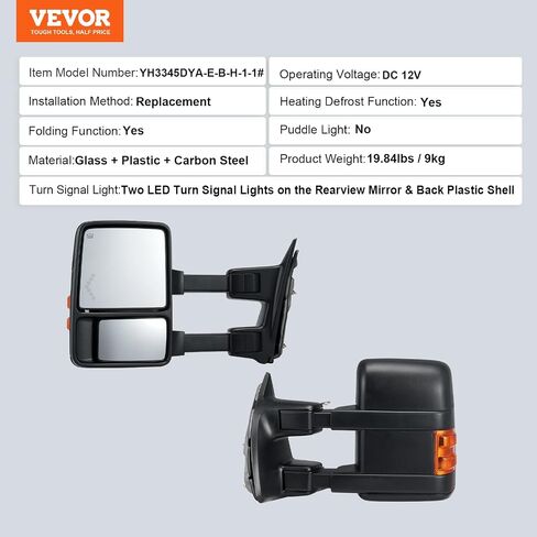 VEVOR Towing Mirrors Fit for 2008-2016 Ford F250 F350 F450 F550 Super Duty Power Heated with Signal Light LED Arrow Signal Light, Plane & Convex Glass, Manual Controlling Telescoping Folding, Black in Saudi Arabia