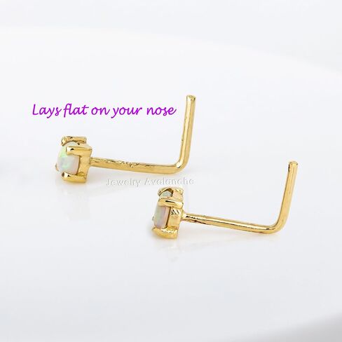 Jewelry Avalanche Solid 14K Gold Natural Opal L-Shape Nose Stud, 22G L-Bend, Australian Opal, Unisex Nostril Ring Stud in Saudi Arabia