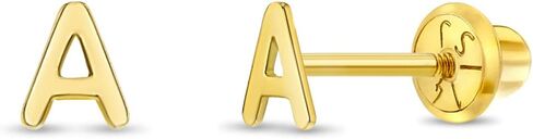 14k Yellow Gold Tiny Initial Letter 'A' Screw Back Earrings For Toddlers & Preteens - Extra Small Initial Letter Earrings For Baby Girls - Personalized Accessories in Saudi Arabia