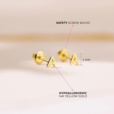 14k Yellow Gold Tiny Initial Letter 'A' Screw Back Earrings For Toddlers & Preteens - Extra Small Initial Letter Earrings For Baby Girls - Personalized Accessories in Saudi Arabia
