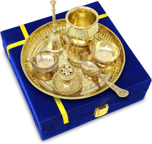 NOBILITY Brass Pooja Thali Set with Blue Gift Box 6 Inch Pital Plate Kalash Spoon Chandan Wati Dhup Dan Kuber Diya Ghanti Puja Arti Thali for Diwali Home Office Mandir Wedding Return Gifts in Saudi Arabia