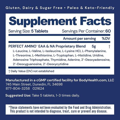 أقراص BodyHealth PerfectAmino (زجاجة سفر 150 قيراط بالإضافة إلى 30 قيراط)، جميع الأحماض الأمينية الأساسية الثمانية مع BCAAs + ليسين، فينيل ألانين، ثريونين، ميثيونين، تريبتوفان، مكمل للتعافي والقوة in Kuwait