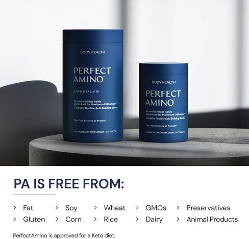 أقراص BodyHealth PerfectAmino (زجاجة سفر 150 قيراط بالإضافة إلى 30 قيراط)، جميع الأحماض الأمينية الأساسية الثمانية مع BCAAs + ليسين، فينيل ألانين، ثريونين، ميثيونين، تريبتوفان، مكمل للتعافي والقوة in Kuwait
