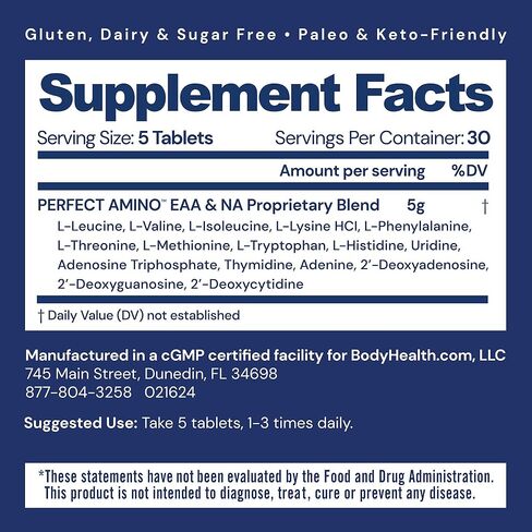 أقراص BodyHealth PerfectAmino (زجاجة سفر 150 قيراط بالإضافة إلى 30 قيراط)، جميع الأحماض الأمينية الأساسية الثمانية مع BCAAs + ليسين، فينيل ألانين، ثريونين، ميثيونين، تريبتوفان، مكمل للتعافي والقوة in Kuwait