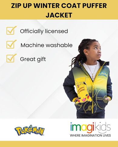 Pokemon Pikachu Zip Up Winter Coat Puffer Jacket Toddler to Big Kid Sizes (4-14-16) in Saudi Arabia