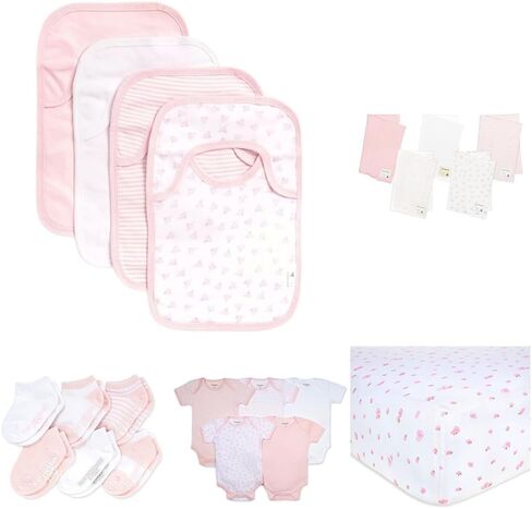 Burt's Bees Baby Accessories Bundle, Pink and White Organic Cotton Baby Bibs Set, Lap Shoulder Style Drool Cloths Pack of 4, Size 8 x 7.5 Inches + Burp Cloths Pack of 5, Size 17 x 11.75 Inches in Saudi Arabia