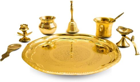 Vedic Charya Brass Puja Thali Set 11 Inch Flower Shape – Golden Traditional Plate Worship, Decorative Indian Religious Festivals Thali in Kuwait