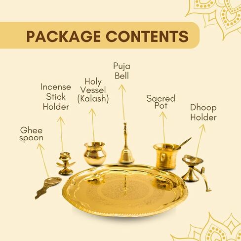 Vedic Charya Brass Puja Thali Set 11 Inch Flower Shape – Golden Traditional Plate Worship, Decorative Indian Religious Festivals Thali in Kuwait