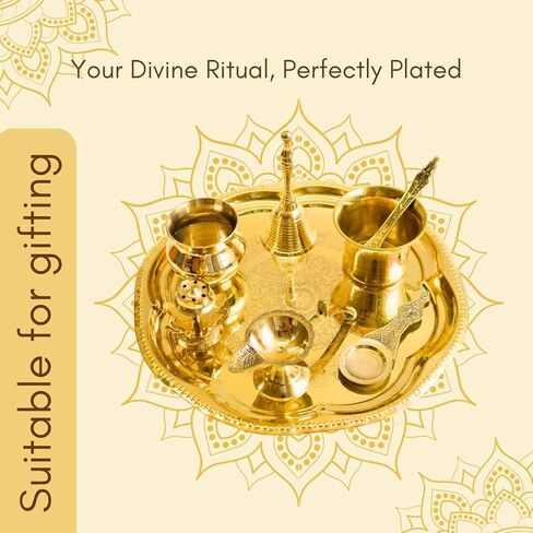 Vedic Charya Brass Puja Thali Set 11 Inch Flower Shape – Golden Traditional Plate Worship, Decorative Indian Religious Festivals Thali in Kuwait