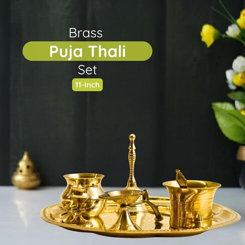 Vedic Charya Brass Puja Thali Set 11 Inch Flower Shape – Golden Traditional Plate Worship, Decorative Indian Religious Festivals Thali in Kuwait