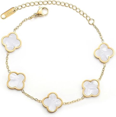 double sided 18K Gold Plated Clover Bracelet for Women, Dupe Four Leaf Flower Lucky Chain Bangle, Cute Jewelry Gift for Her Mom Wife Daughter Birthday in Saudi Arabia