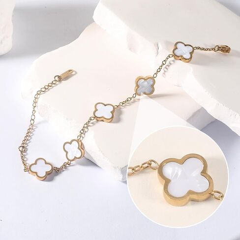 double sided 18K Gold Plated Clover Bracelet for Women, Dupe Four Leaf Flower Lucky Chain Bangle, Cute Jewelry Gift for Her Mom Wife Daughter Birthday in Saudi Arabia