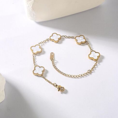 double sided 18K Gold Plated Clover Bracelet for Women, Dupe Four Leaf Flower Lucky Chain Bangle, Cute Jewelry Gift for Her Mom Wife Daughter Birthday in Saudi Arabia