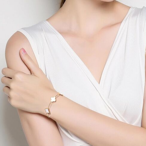 double sided 18K Gold Plated Clover Bracelet for Women, Dupe Four Leaf Flower Lucky Chain Bangle, Cute Jewelry Gift for Her Mom Wife Daughter Birthday in Saudi Arabia