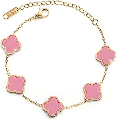 double sided 18K Gold Plated Clover Bracelet for Women, Dupe Four Leaf Flower Lucky Chain Bangle, Cute Jewelry Gift for Her Mom Wife Daughter Birthday in Saudi Arabia