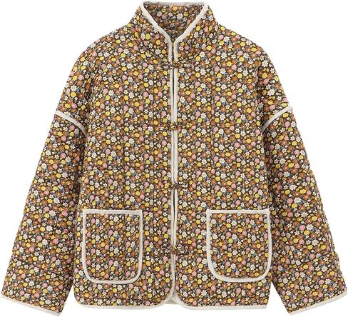 Muchpow Quilted Puffer Jacket for women Floral Printed Lightweight Cropped Button Down Outerwear with Pockets in Saudi Arabia
