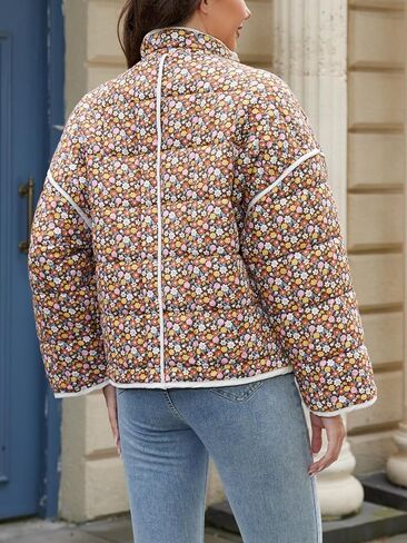 Muchpow Quilted Puffer Jacket for women Floral Printed Lightweight Cropped Button Down Outerwear with Pockets in Saudi Arabia
