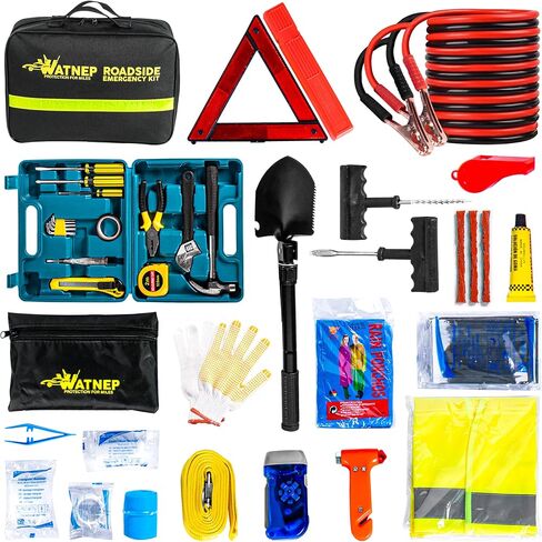 Car Emergency Roadside Tool Kit for Safety – Car Safety Kit for Vehicles with Jumper Cables, Car Repair Tool Set, Reflective Triangle, Vest, Top Rope, Shovel, Car Safety Hammer & First Aid Kit in Saudi Arabia