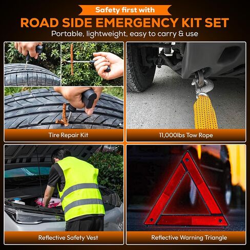 Car Emergency Roadside Tool Kit for Safety – Car Safety Kit for Vehicles with Jumper Cables, Car Repair Tool Set, Reflective Triangle, Vest, Top Rope, Shovel, Car Safety Hammer & First Aid Kit in Saudi Arabia