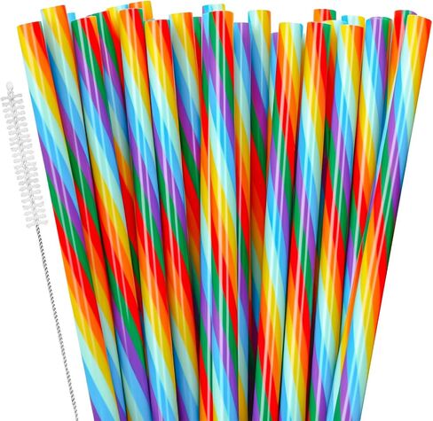 JANYUN 30 Pieces Reusable Plastic Straws BPA-Free 9" Colorful Printing Hard Platic Stripe Drinking Straw for Mason Jar Tumbler Family or Party Use Cleaning Brush Included(Random Pattern) (Straight) in Kuwait