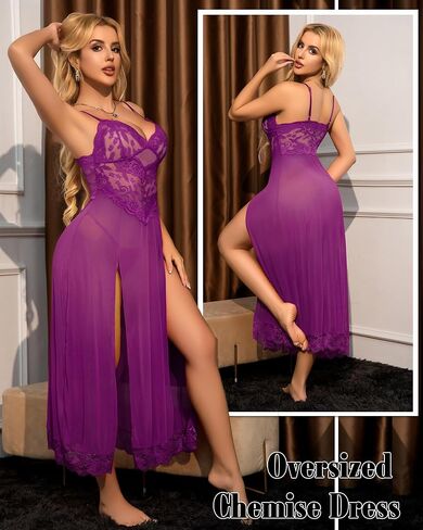 Lingerie for Women Lace Babydoll Chemise Sexy Nightdress Negligees V Neck Nightwear Side Split Nightgown in Saudi Arabia
