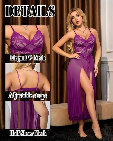 Lingerie for Women Lace Babydoll Chemise Sexy Nightdress Negligees V Neck Nightwear Side Split Nightgown in Saudi Arabia