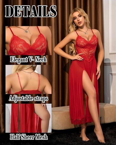 Lingerie for Women Lace Babydoll Chemise Sexy Nightdress Negligees V Neck Nightwear Side Split Nightgown in Saudi Arabia