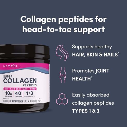 NeoCell Super Collagen Peptides, 10g Collagen Peptides per Serving, Gluten Free, Keto Friendly, Non-GMO, Grass Fed, Healthy Hair, Skin, Nails and Joints, Unflavored Powder, 14.1 oz., 1 Canister in Saudi Arabia