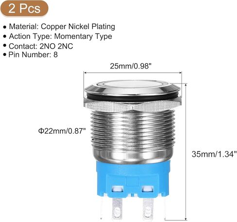 uxcell Momentary Metal Push Button Switch 22mm Mounting Dia 2NO 2NC Silver LED Light, Flat Head, 2pcs in Saudi Arabia