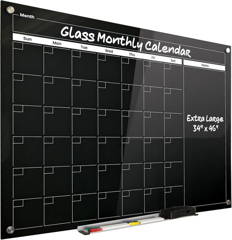 Real Glass Dry Erase Monthly Calendar, Giant Size 34" x 46", Bright White Tempered Glass Surface, Frameless Wall Mount, with 4 Assorted Color Markers and Eraser, by Better Office Products in Saudi Arabia