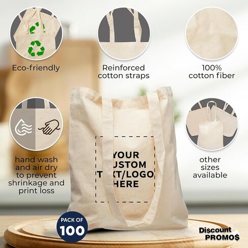 DISCOUNT PROMOS Custom Pristine Cove Canvas Tote with Rope Handles (Set of 100), Personalized Bulk Pack - Beach, Travel, Eco-Friendly - Natural Color, 14.75"X13.5", 12 OZ Cotton, with Zipper in Saudi Arabia