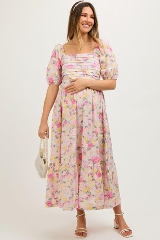 Pinkblush Floral Post Puff Sleeve Dressy Midi Dress in Kuwait