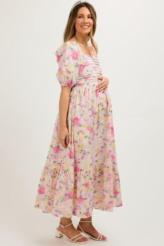 Pinkblush Floral Post Puff Sleeve Dressy Midi Dress in Kuwait