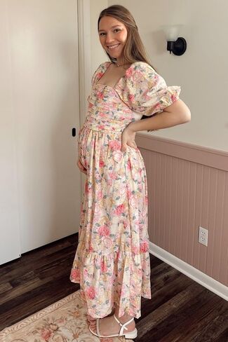 Pinkblush Floral Post Puff Sleeve Dressy Midi Dress in Kuwait