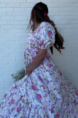 Pinkblush Floral Post Puff Sleeve Dressy Midi Dress in Kuwait