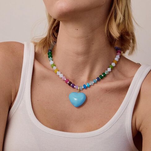 KissYan Beaded Necklaces for Women, Colorful Boho Bead Choker With Bubble Puffy Heart Pendant, Natural Stone Rainbow Necklaces Summer Surfer Beach Handmade Jewelry Gift in Saudi Arabia