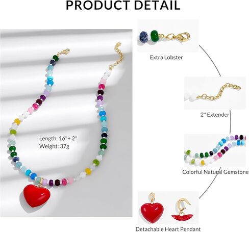 KissYan Beaded Necklaces for Women, Colorful Boho Bead Choker With Bubble Puffy Heart Pendant, Natural Stone Rainbow Necklaces Summer Surfer Beach Handmade Jewelry Gift in Saudi Arabia