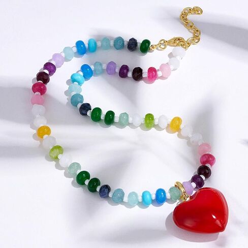 KissYan Beaded Necklaces for Women, Colorful Boho Bead Choker With Bubble Puffy Heart Pendant, Natural Stone Rainbow Necklaces Summer Surfer Beach Handmade Jewelry Gift in Saudi Arabia