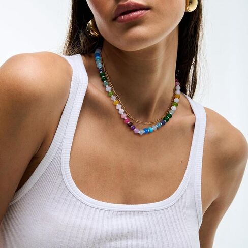 KissYan Beaded Necklaces for Women, Colorful Boho Bead Choker With Bubble Puffy Heart Pendant, Natural Stone Rainbow Necklaces Summer Surfer Beach Handmade Jewelry Gift in Saudi Arabia
