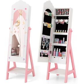 خزانة مجوهرات Costzon Kids Armoire ، منظم المجوهرات الدائم مع مرآة كاملة الطول ، سعة تخزين كبيرة ، خزانة ملابس كبيرة في فستان المرآة للبنات (وردي) in Kuwait