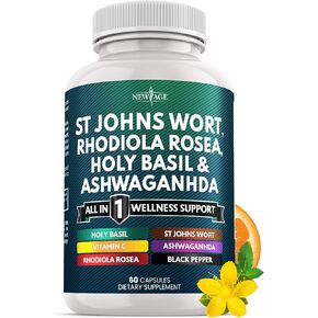 New Age St Johns Wort ، Rhodiola Rosea ، Holy Brasil ، Ashwagandha - دعم للنساء والرجال المصابين بفيتامين C & Black Pepper Extract - 60 Count in Saudi Arabia