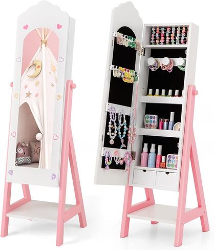 خزانة مجوهرات Costzon Kids Armoire ، منظم المجوهرات الدائم مع مرآة كاملة الطول ، سعة تخزين كبيرة ، خزانة ملابس كبيرة في فستان المرآة للبنات (وردي) in Kuwait