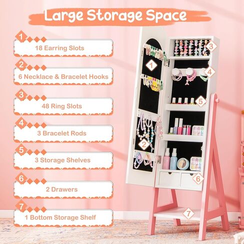 خزانة مجوهرات Costzon Kids Armoire ، منظم المجوهرات الدائم مع مرآة كاملة الطول ، سعة تخزين كبيرة ، خزانة ملابس كبيرة في فستان المرآة للبنات (وردي) in Kuwait