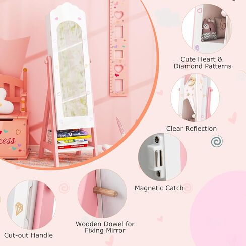 خزانة مجوهرات Costzon Kids Armoire ، منظم المجوهرات الدائم مع مرآة كاملة الطول ، سعة تخزين كبيرة ، خزانة ملابس كبيرة في فستان المرآة للبنات (وردي) in Kuwait