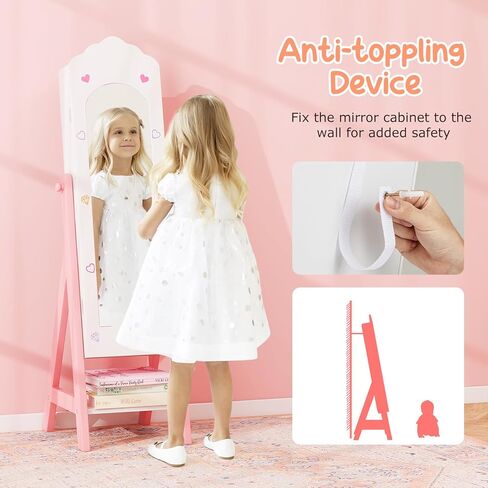 خزانة مجوهرات Costzon Kids Armoire ، منظم المجوهرات الدائم مع مرآة كاملة الطول ، سعة تخزين كبيرة ، خزانة ملابس كبيرة في فستان المرآة للبنات (وردي) in Kuwait