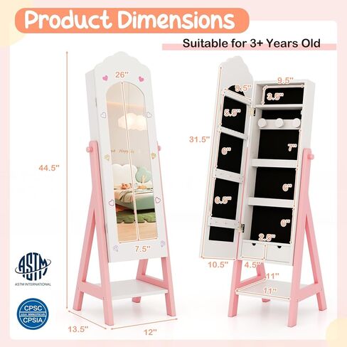 خزانة مجوهرات Costzon Kids Armoire ، منظم المجوهرات الدائم مع مرآة كاملة الطول ، سعة تخزين كبيرة ، خزانة ملابس كبيرة في فستان المرآة للبنات (وردي) in Kuwait