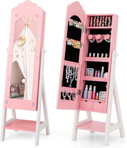 Costzon Kids Jewelry Armoire Cabinet, Standing Jewelry Organizer with Full-Length Mirror, Large Storage Capacity, Kids Vanity Dress Up Mirror Jewelry Cabinet for Girls (Pink) in Saudi Arabia