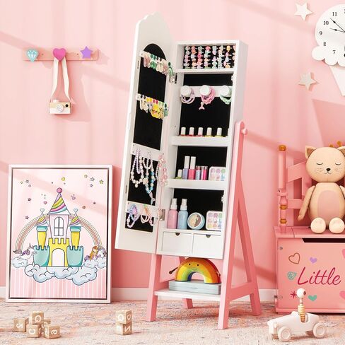 خزانة مجوهرات Costzon Kids Armoire ، منظم المجوهرات الدائم مع مرآة كاملة الطول ، سعة تخزين كبيرة ، خزانة ملابس كبيرة في فستان المرآة للبنات (وردي) in Kuwait